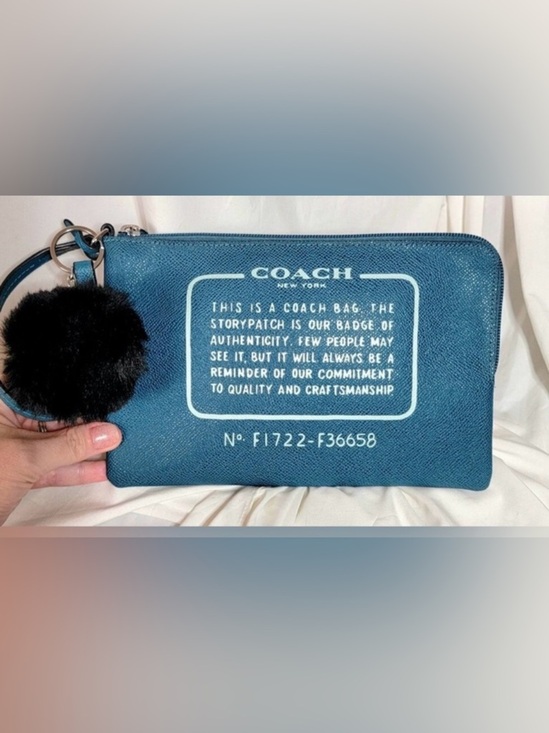 Coach Handbags - Coach 2017 Teal Large Story Patch Wristlet with Logo Tag and free Pom Pom! NWOT